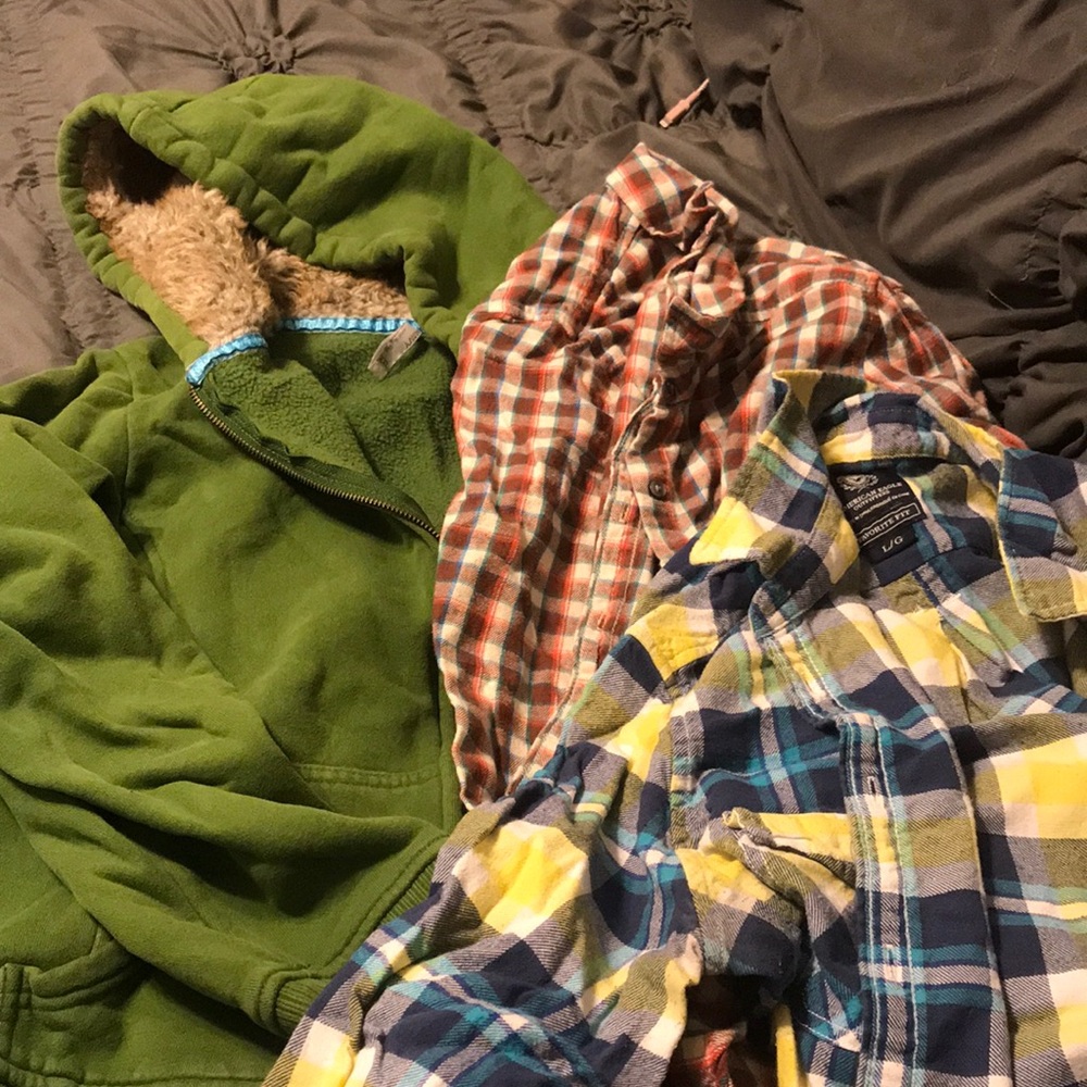 Zip up hoodie and 2 plaid flannel shirts